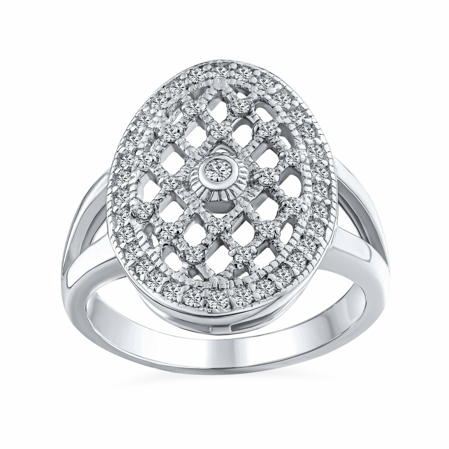 Shop Women Bling Jewelry Engravable Rings | Large Oval Filigree Cluster Cz Engagement Ring .925Sterling Silver