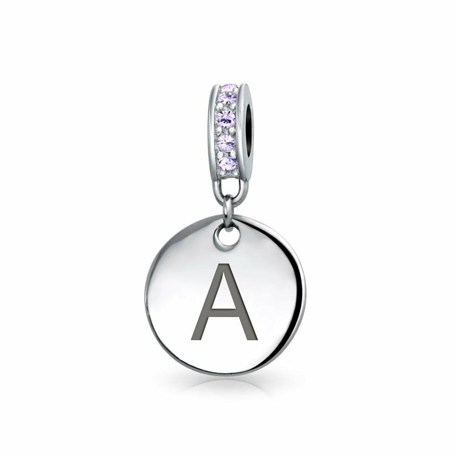 Shop Women Bling Jewelry Dangle Beads | Purple Crystal Alphabet Initials Disc Dangle Circle Charm .925 Silver