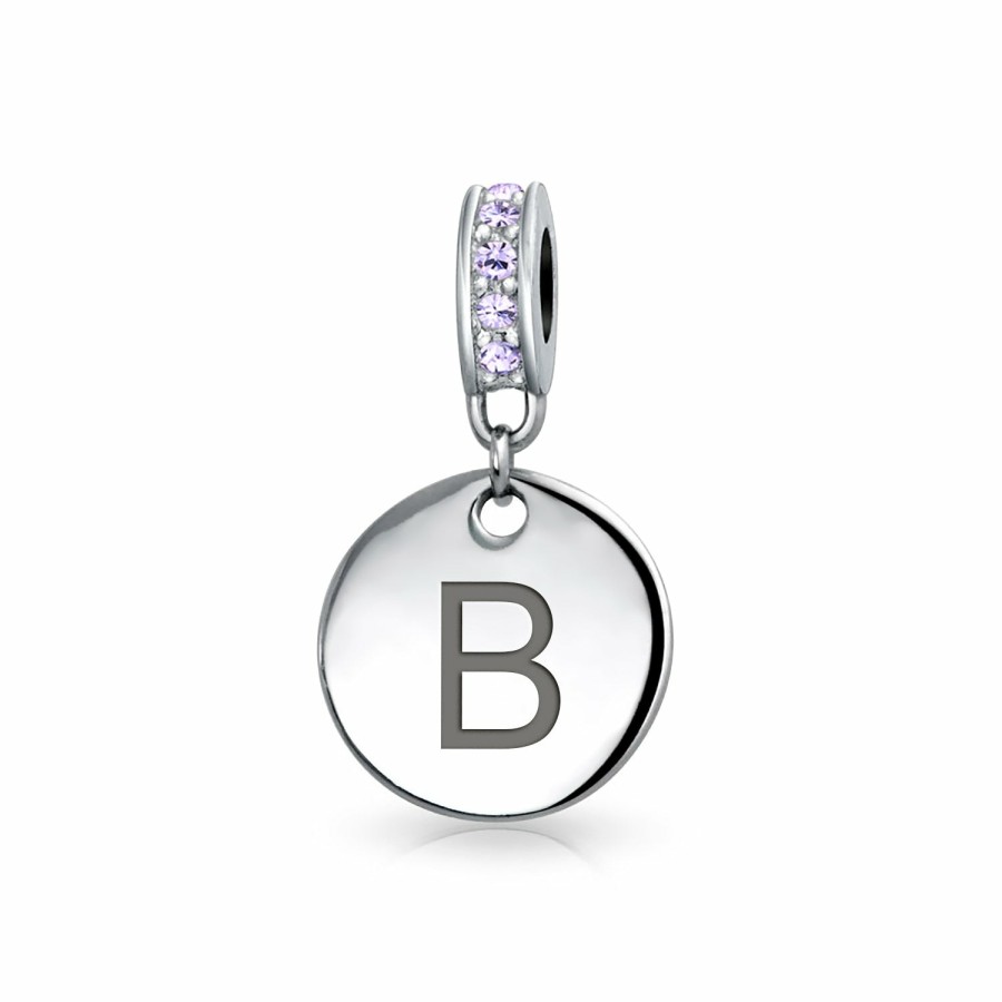 Shop Women Bling Jewelry Dangle Beads | Purple Crystal Alphabet Initials Disc Dangle Circle Charm .925 Silver