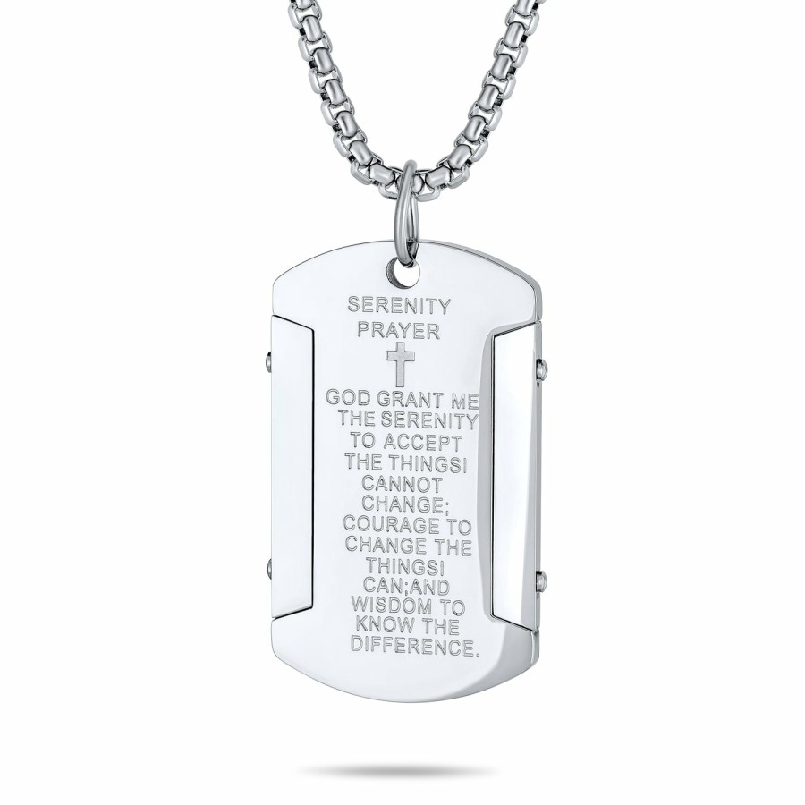 Shop Men Bling Jewelry Mens Engravable Necklaces | Mens Quote Mantra Serenity Prayer Dog Tag Silver Tone Stainless Steel