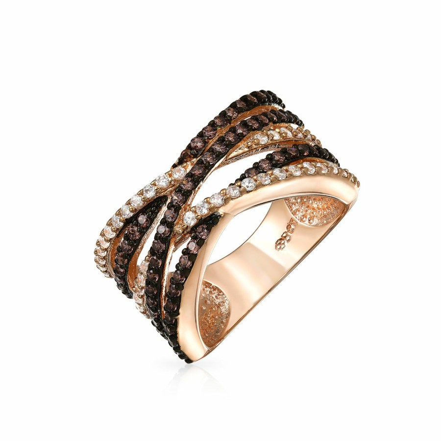 Shop Women Bling Jewelry Engravable Rings | Criss Cross Two Tone Brown Aaa Cz Band Ring Gold Plated Brass