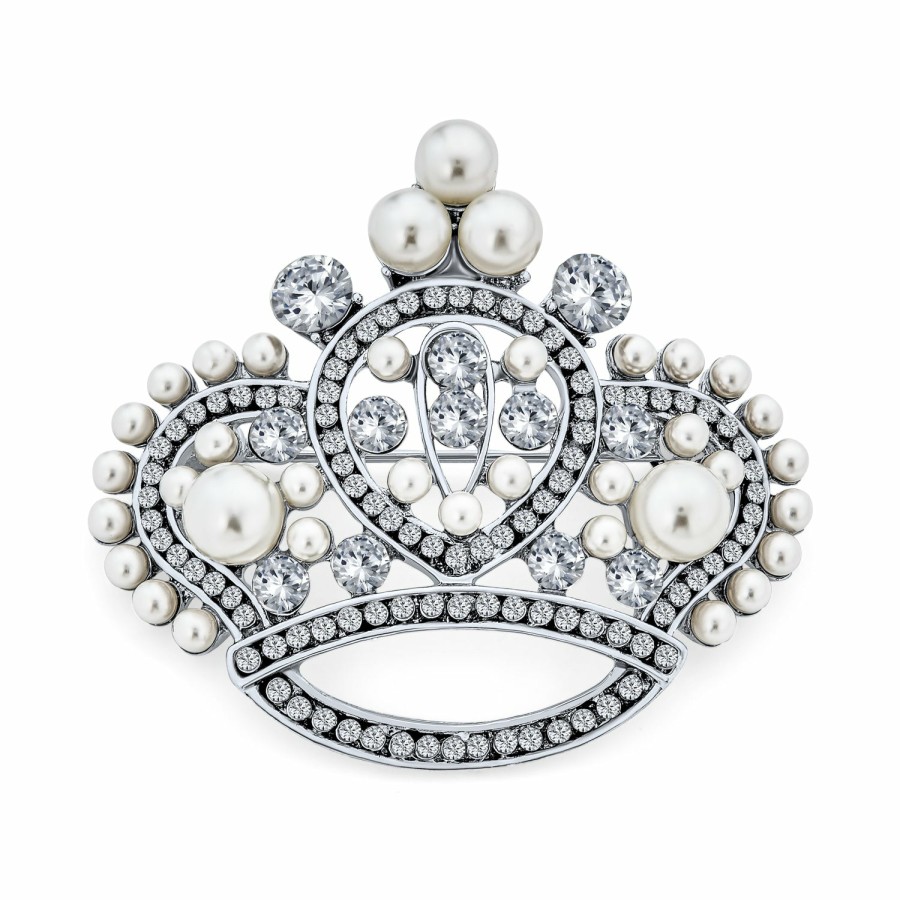 Shop Women Bling Jewelry Pins & Brooches | Large Vintage Fashion Crystal Pearl Royal Queen Crown Brooch Pin