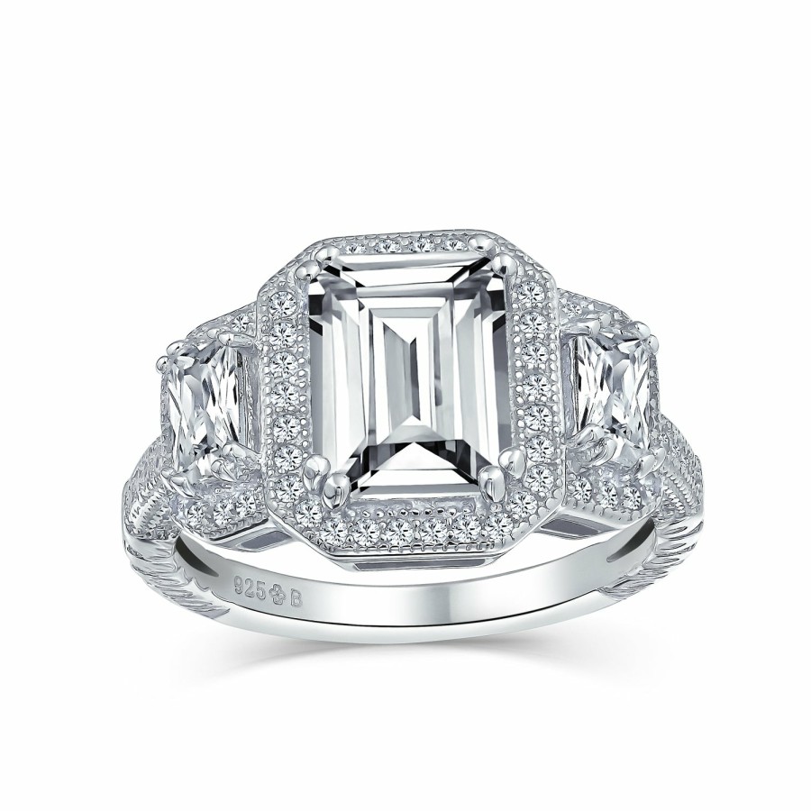 Shop Women Bling Jewelry Engravable Rings | 3Ct Halo 3 Stone Emerald Cut Cz Engagement Ring Cz .925 Sterling Silver