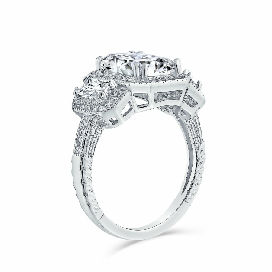 Shop Women Bling Jewelry Engravable Rings | 3Ct Halo 3 Stone Emerald Cut Cz Engagement Ring Cz .925 Sterling Silver