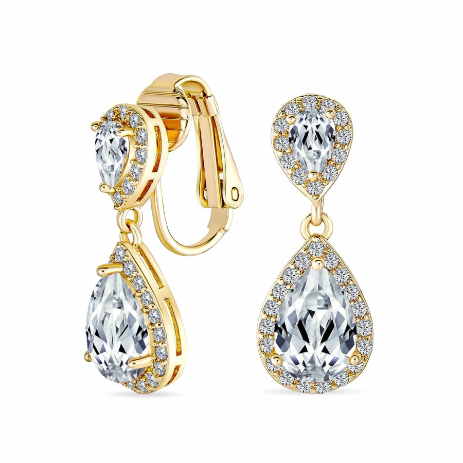 Shop Women Bling Jewelry Clip On Earrings | Bridal Teardrop Cz Halo Chandelier Clip On Earrings Silver Gold