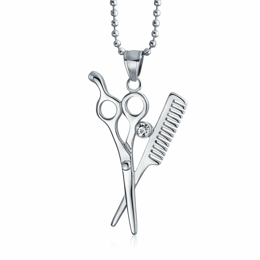 Shop Women Bling Jewelry Pendant Necklaces | Unisex Hair Stylist Scissors Comb Crystal Pendant Necklace Stainless Steel