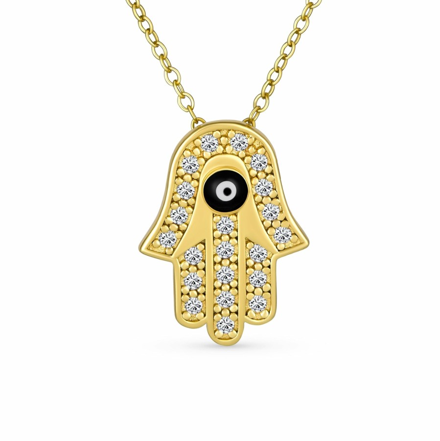 Shop Women Bling Jewelry Delicate Pendant Necklaces | Hamsa Hand Evil Eye Pendant Necklace 12K Gold Plated Sterling Silver