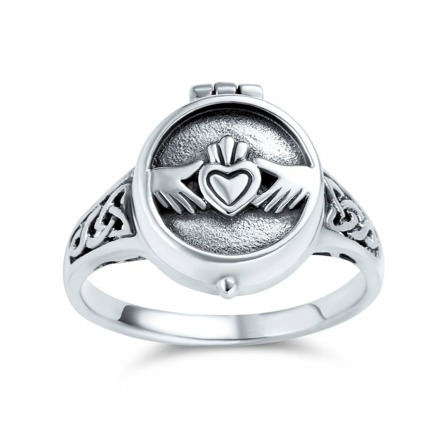 Shop Women Bling Jewelry Engravable Rings | Celtic Irish Couples Heart Locket Claddagh Ring .925 Sterling Silver