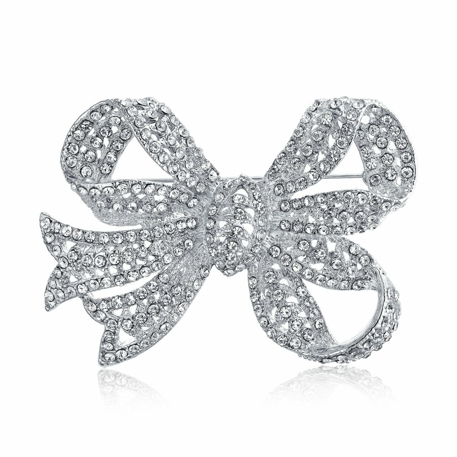 Shop Women Bling Jewelry Pins & Brooches | Large Bow Ribbon Crystal Wedding Bridal Brooch Pin Silver Plated