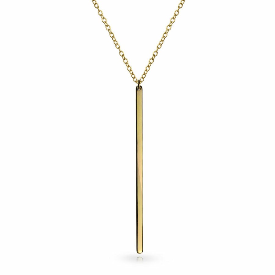 Shop Women Bling Jewelry Delicate Pendant Necklaces | Minimal Linear Vertical Flat Bar Pendant Necklace Gold Plated Sterling