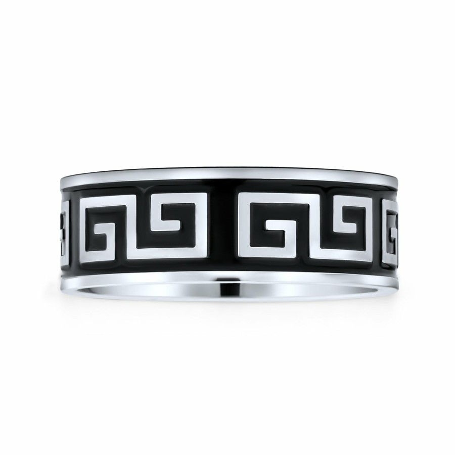 Shop Men Bling Jewelry Mens Rings | Mens Greek Key Black Flat Wedding Band Ring Black Stainless Steel 8Mm Silver Tone