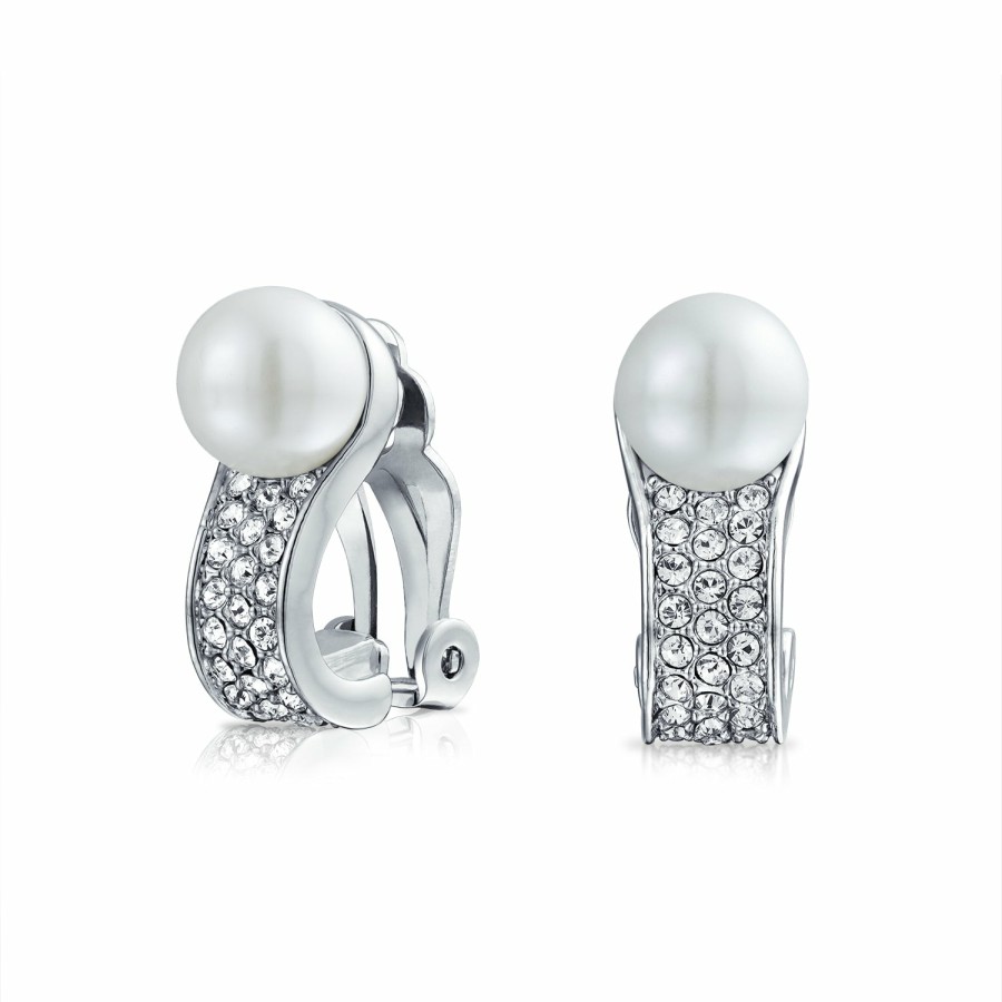 Shop Women Bling Jewelry Clip On Earrings | Bridal Crystal White Clip On Imitation Pearl Earrings Silver Plated