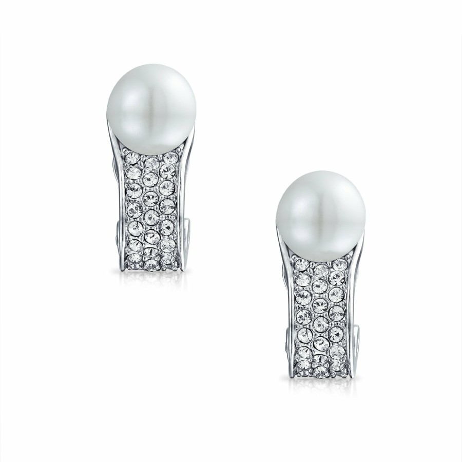 Shop Women Bling Jewelry Clip On Earrings | Bridal Crystal White Clip On Imitation Pearl Earrings Silver Plated