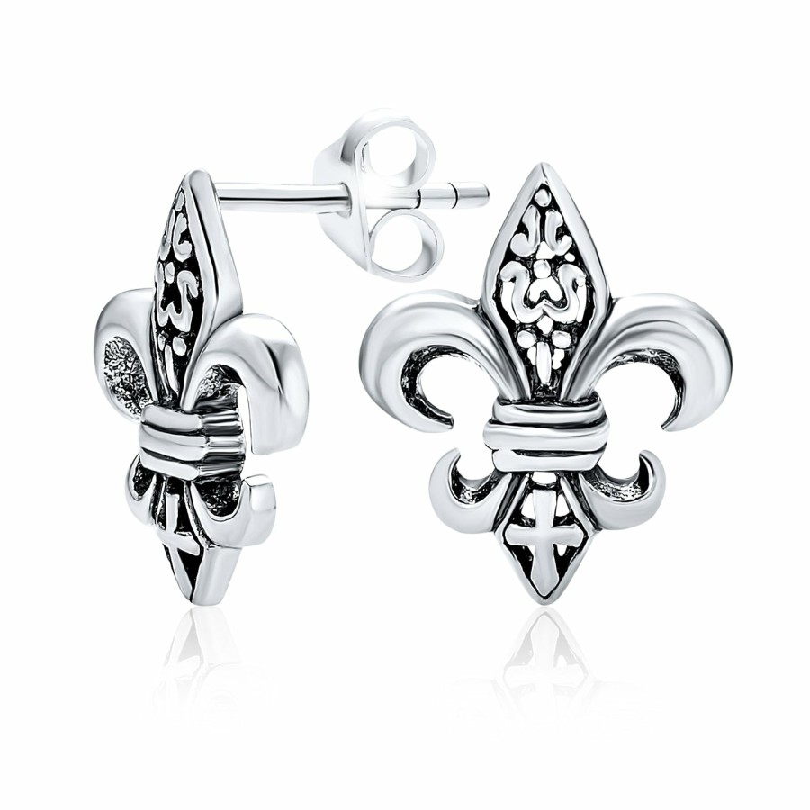 Shop Women Bling Jewelry Stud Earrings | Ancient Symbol Lily Flower Fleur De Lis Stud Earring Cz .925 Sterling