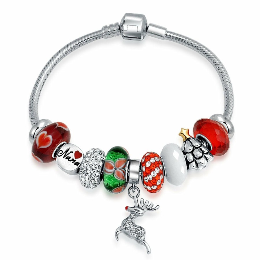 Shop Women Bling Jewelry Christmas Charms Beads | Fun Christmas Theme Bead Multi Charm Leather Red Bracelet .925 Silver