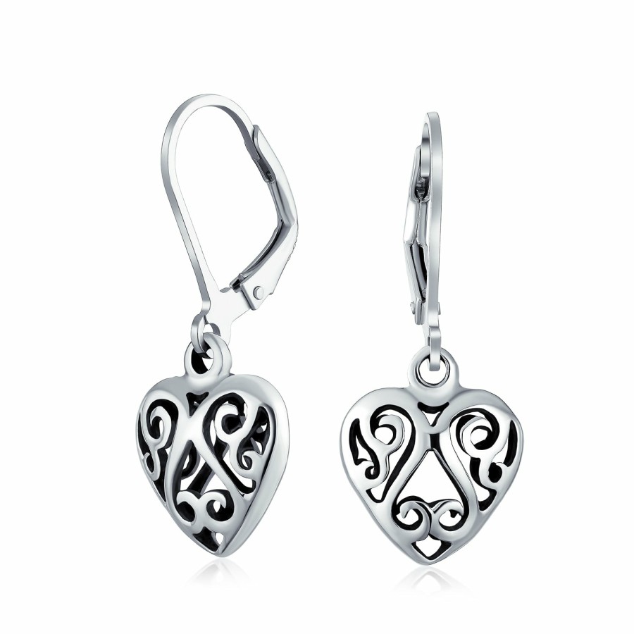 Shop Women Bling Jewelry Dangle Drop Earrings | Open Heart Filigree Scroll Swirl Lever Back Dangle Earrings