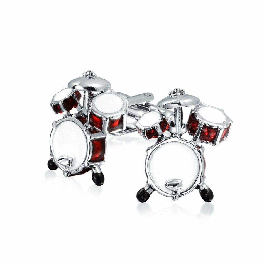 Shop Men Bling Jewelry Mens Engravable Accessories | Drummer Musician Drum Set Shirt Cufflinks Brown Silver Tone Steel