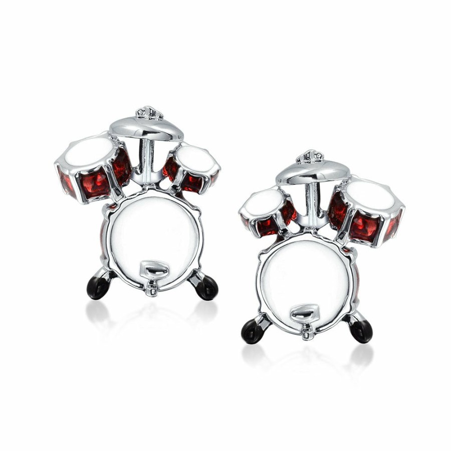 Shop Men Bling Jewelry Mens Engravable Accessories | Drummer Musician Drum Set Shirt Cufflinks Brown Silver Tone Steel