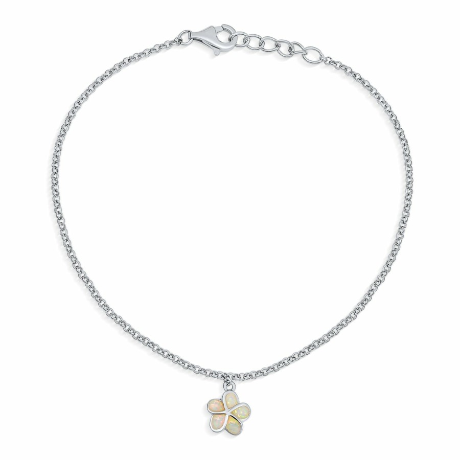 Shop Women Bling Jewelry Charm Bracelets | Created White Opal Plumeria Flower Anklet Link Chain Sterling Silver