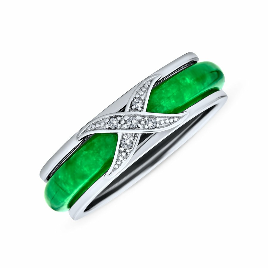 Shop Women Bling Jewelry Stacking Eternity Rings | Cz Criss Cross X Kiss Dyed Green Jade Band Ring .925 Sterling Silver