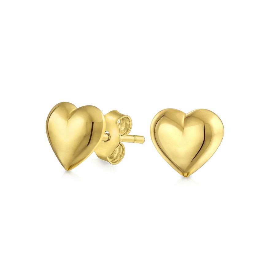 Shop Women Bling Jewelry Stud Earrings | Minimalist Real 14K Yellow Gold Puff Heart Stud Earrings For Women 5Mm