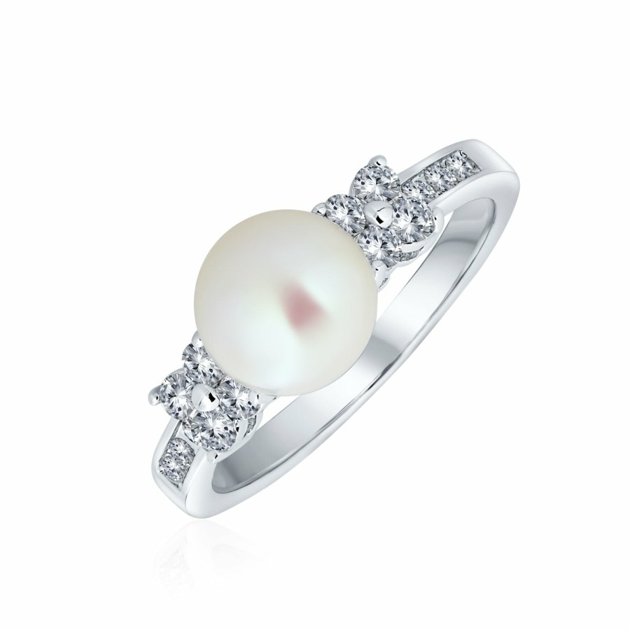 Shop Women Bling Jewelry Engravable Rings | Bridal Cz Cultured White Pearl Solitaire Engagement Ring Plated Silver