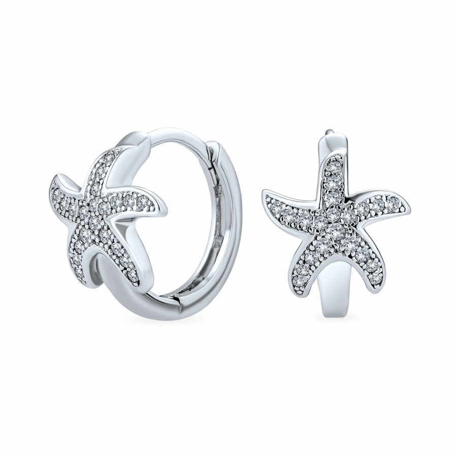 Shop Women Bling Jewelry | Starfish Hoop Earrings Pave Cubic Zirconia .925 Sterling Silver