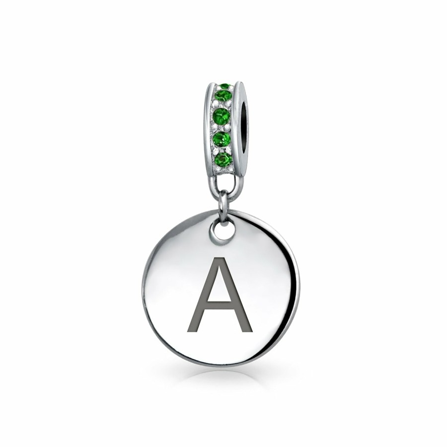 Shop Women Bling Jewelry Alphabet Beads | Green Crystal Alphabet Initials Disc Dangle Circle Charm .925 Silver