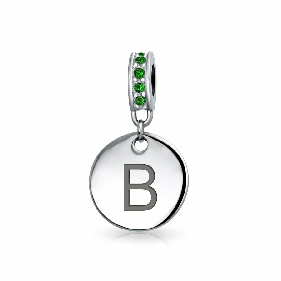 Shop Women Bling Jewelry Alphabet Beads | Green Crystal Alphabet Initials Disc Dangle Circle Charm .925 Silver