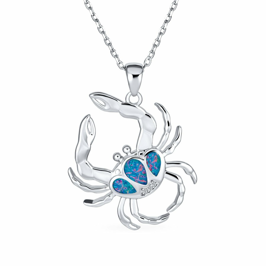 Shop Women Bling Jewelry Engravable Necklaces | Large Nautical Blue Created Opal Beach Crab Pendant Necklace Silver