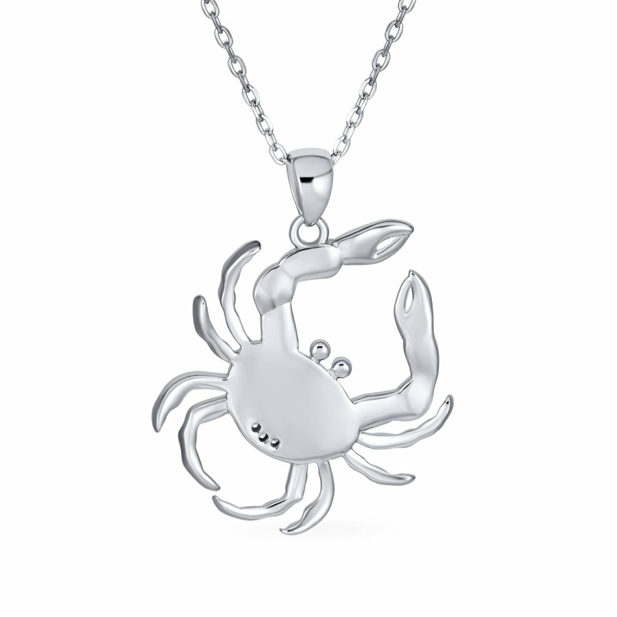 Shop Women Bling Jewelry Engravable Necklaces | Large Nautical Blue Created Opal Beach Crab Pendant Necklace Silver