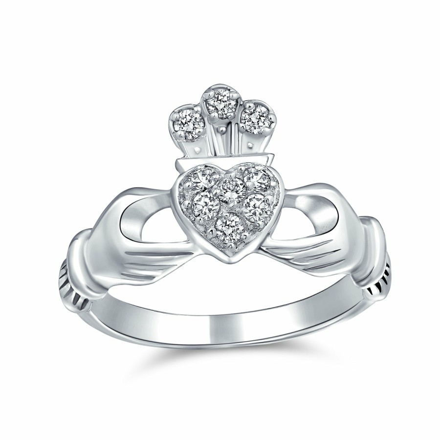 Shop Women Bling Jewelry Engravable Rings | Bff Celtic Irish Friendship Cz Heart Claddagh Ring 925 Sterling