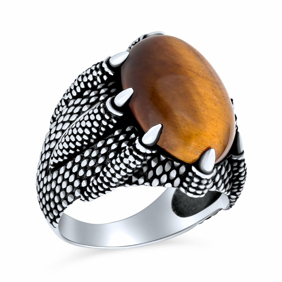 Shop Men Bling Jewelry Mens Rings | Big Mens Retro Stripe Statement Oval Signet Tiger Eye Claw Ring Silver Brown