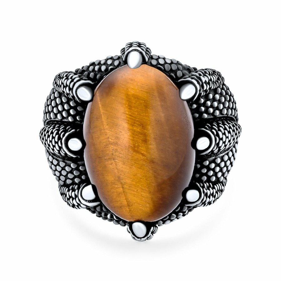 Shop Men Bling Jewelry Mens Rings | Big Mens Retro Stripe Statement Oval Signet Tiger Eye Claw Ring Silver Brown