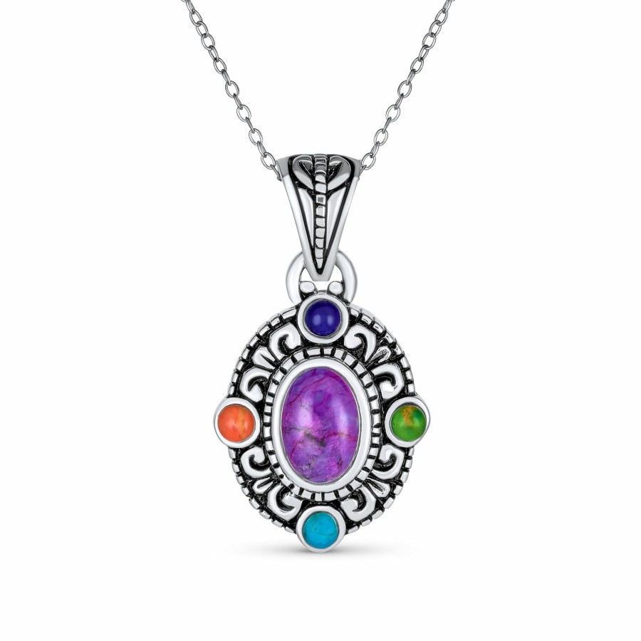 Shop Women Bling Jewelry Pendant Necklaces | Oval Created Purple Turquoise Gemstone Pendant .925Sterling Silver