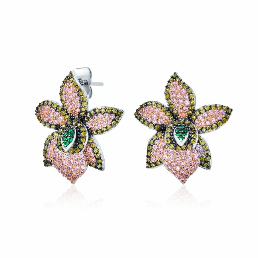 Shop Women Bling Jewelry Dangle Drop Earrings | 3D Pink Orchid Flower Shaped Pave Cz Stud Earrings Silver Plated