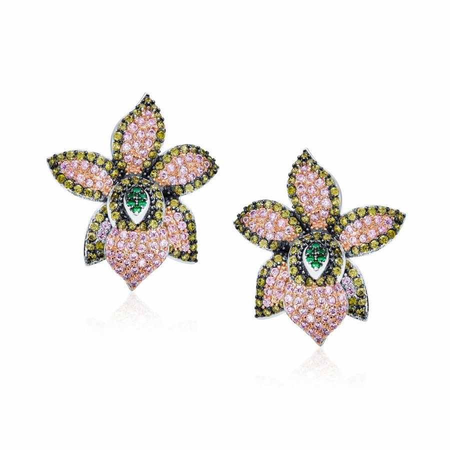 Shop Women Bling Jewelry Dangle Drop Earrings | 3D Pink Orchid Flower Shaped Pave Cz Stud Earrings Silver Plated