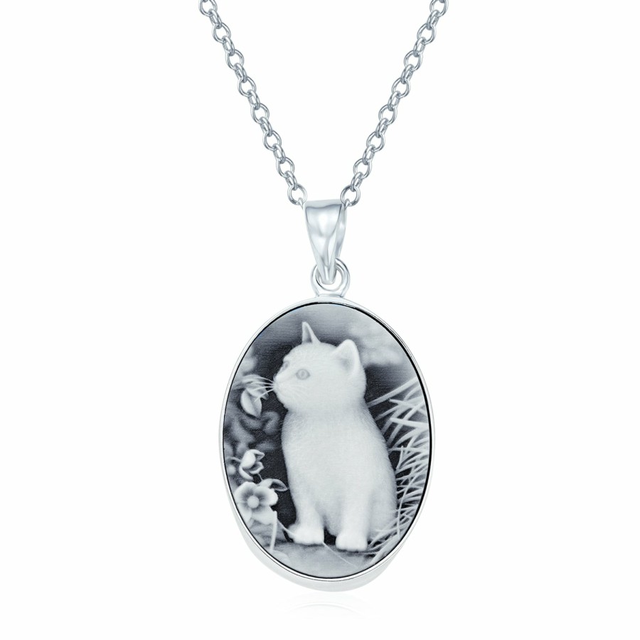 Shop Women Bling Jewelry Delicate Pendant Necklaces | Vintage Style Black Kitten Cat Cameo Necklace Sterling Silver