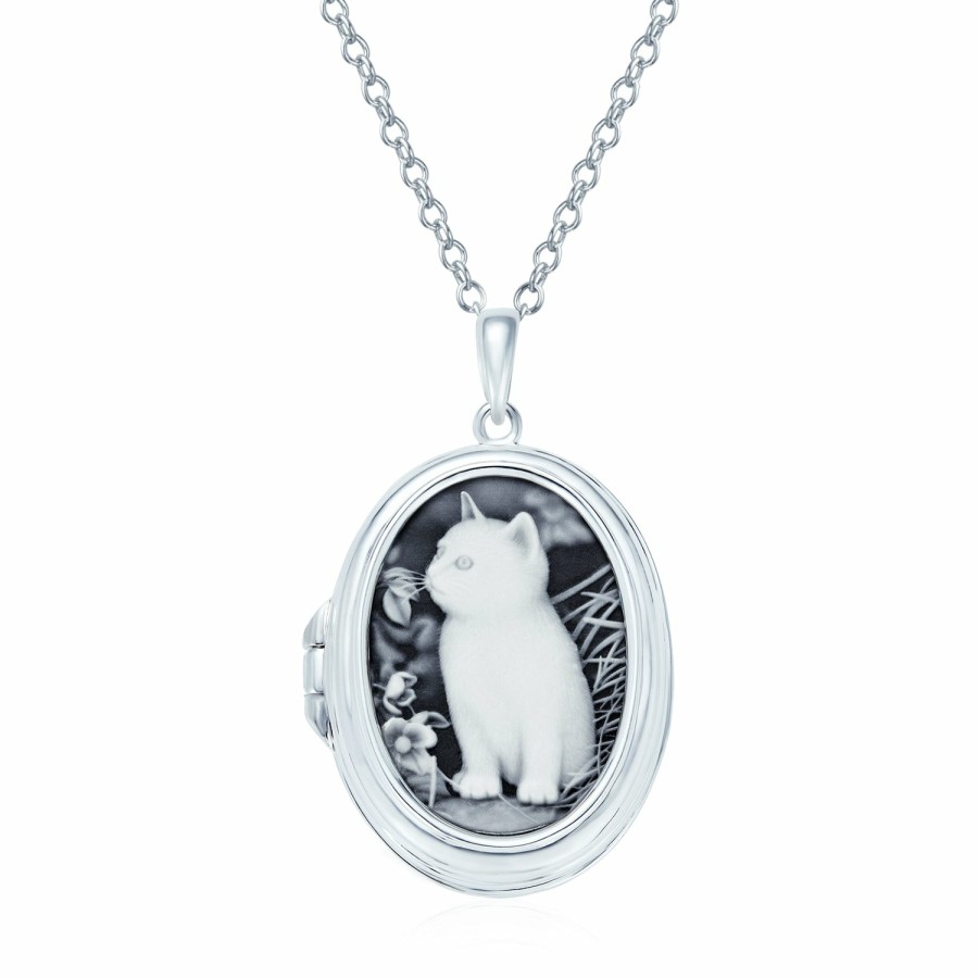 Shop Women Bling Jewelry Delicate Pendant Necklaces | Vintage Style Black Kitten Cat Cameo Necklace Sterling Silver