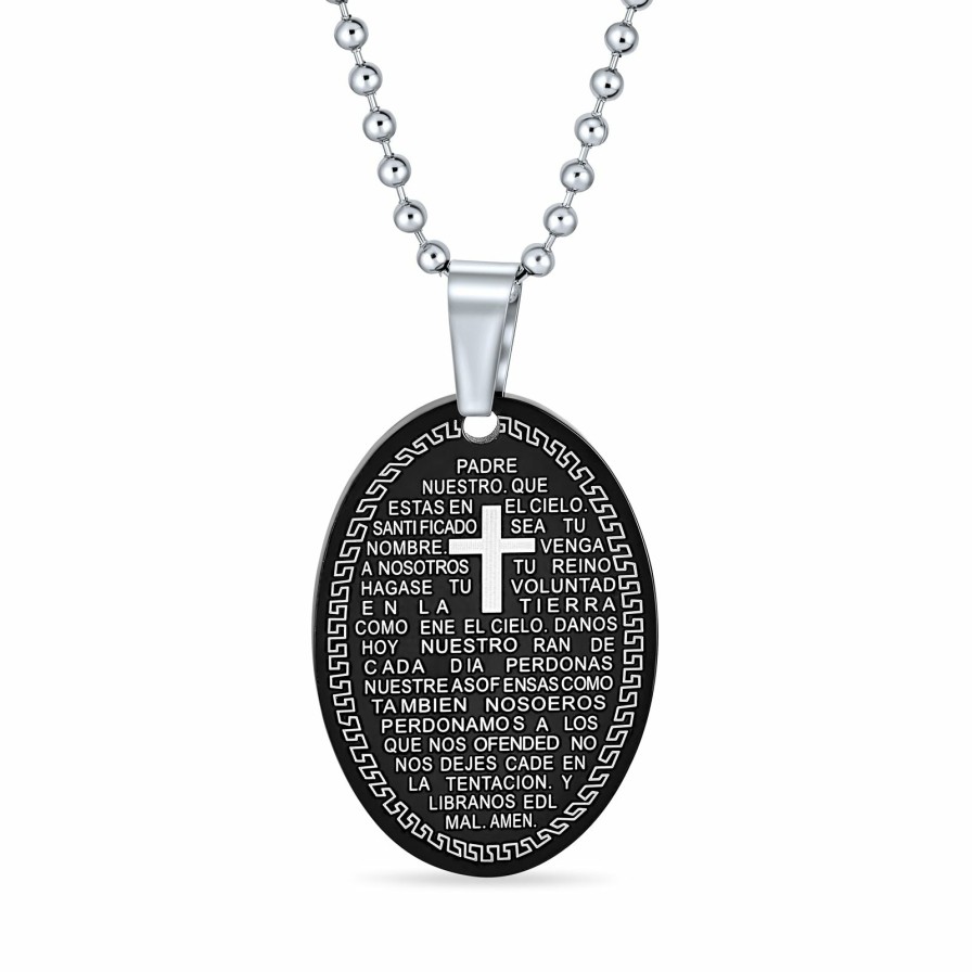 Shop Men Bling Jewelry Mens Engravable Necklaces | Oval The Lords Pray Words Cross Pendant Necklace Stainless Steel Black