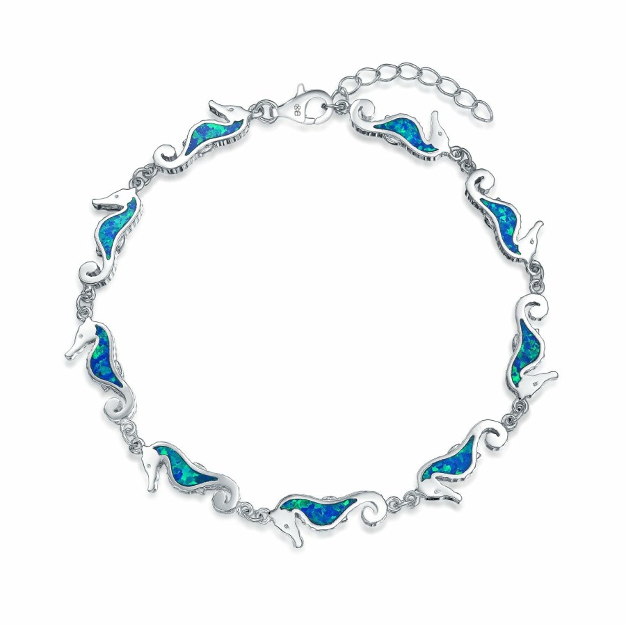 Shop Women Bling Jewelry Unique Bracelets | Nautical Seahorse Blue Created Opal Charm Bracelet .925 Sterling Silver