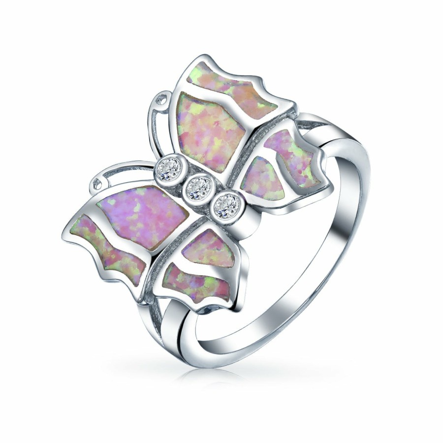 Shop Women Bling Jewelry Unique Rings | Cz Accent Pink Created Opal Butterfly Ring .925 Sterling Silver