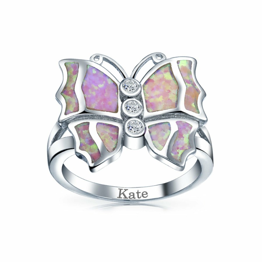 Shop Women Bling Jewelry Unique Rings | Cz Accent Pink Created Opal Butterfly Ring .925 Sterling Silver