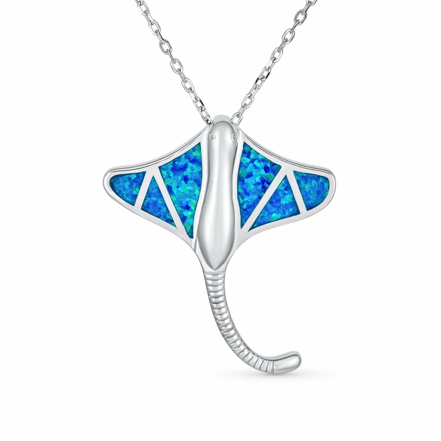 Shop Women Bling Jewelry Pendant Necklaces | Stingray Sea Lover Pendant Blue Created Opal Necklace Sterling Silver