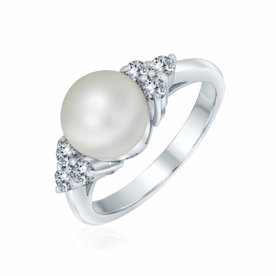 Shop Women Bling Jewelry Engagement Rings | Cz Side Stone White Freshwater Pearl Engagement Ring .925 Silver