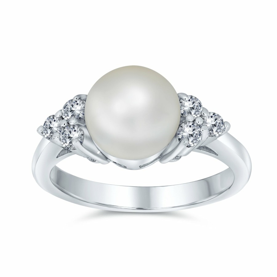 Shop Women Bling Jewelry Engagement Rings | Cz Side Stone White Freshwater Pearl Engagement Ring .925 Silver