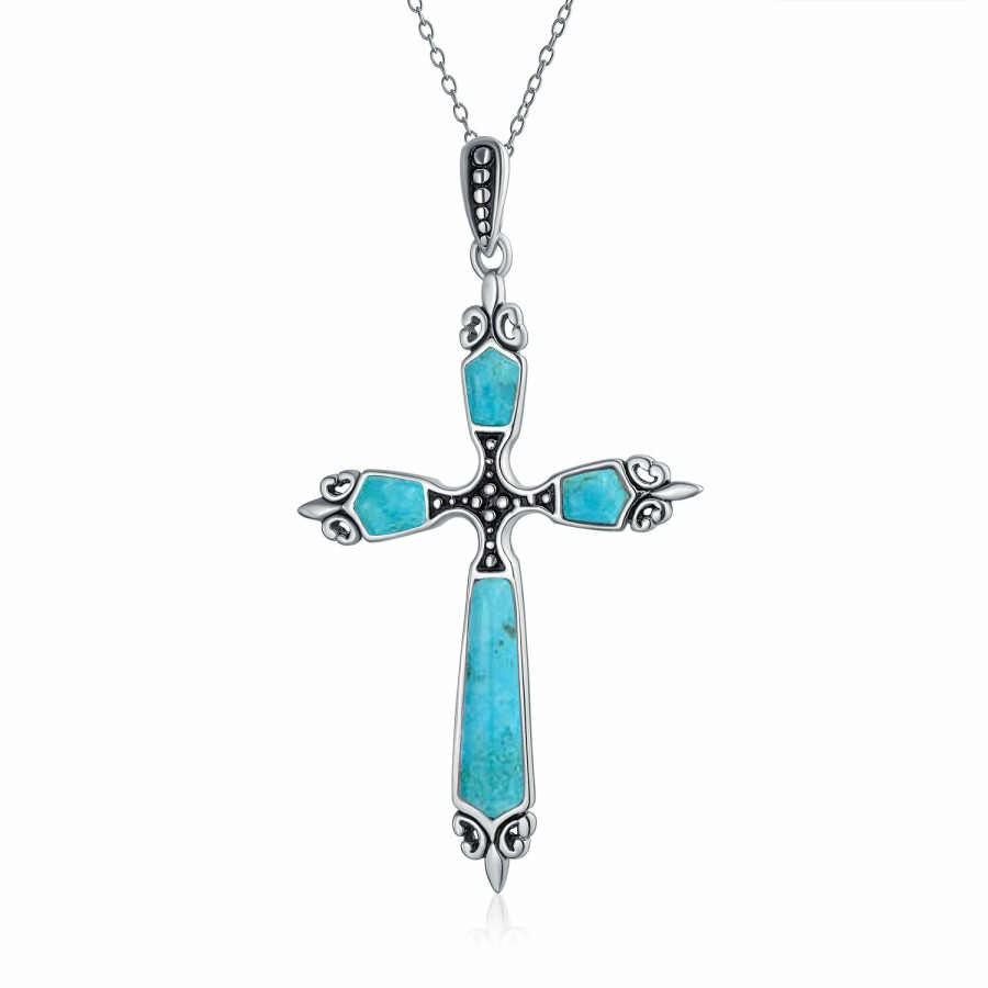 Shop Women Bling Jewelry Pendant Necklaces | Fleur De Lis Gemstone Cross Pendant Western Necklace Sterling Silver