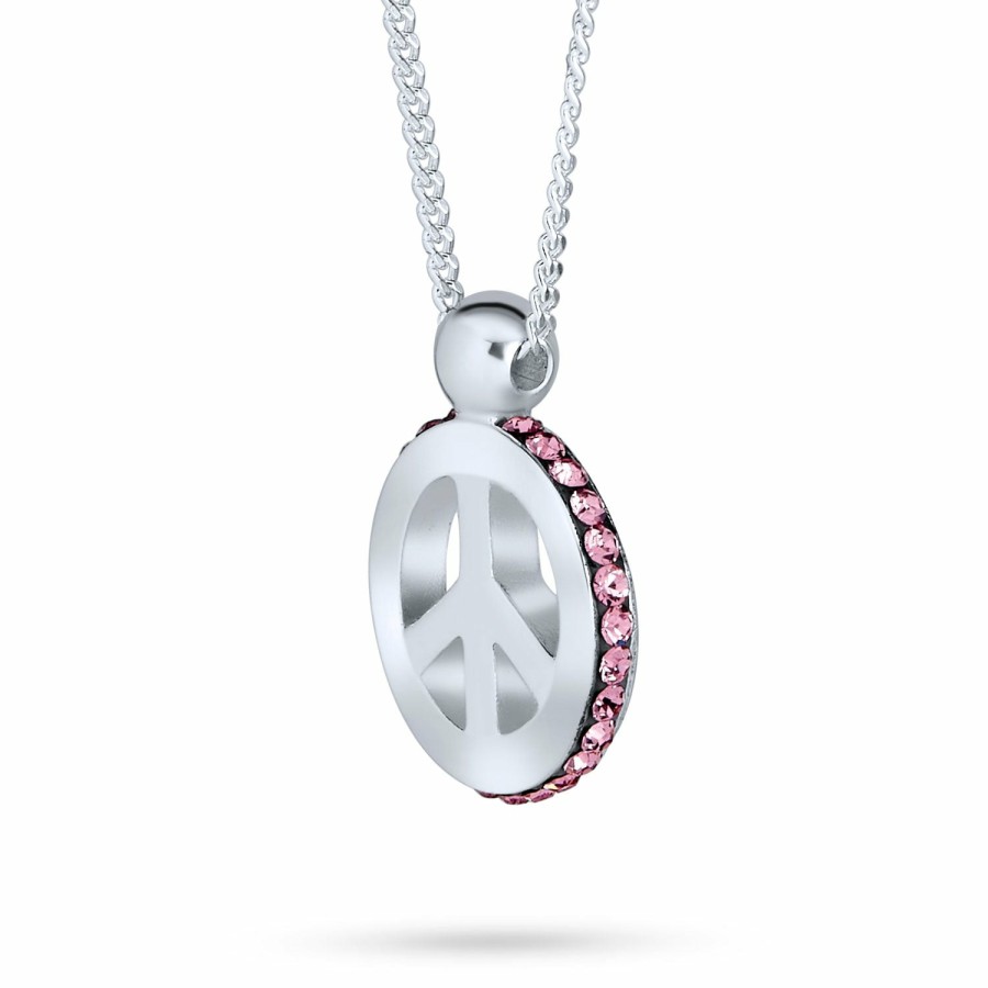 Shop Women Bling Jewelry | Peace Pendant Pink Crystal Edge Charm Sterling Silver Necklace 18 In