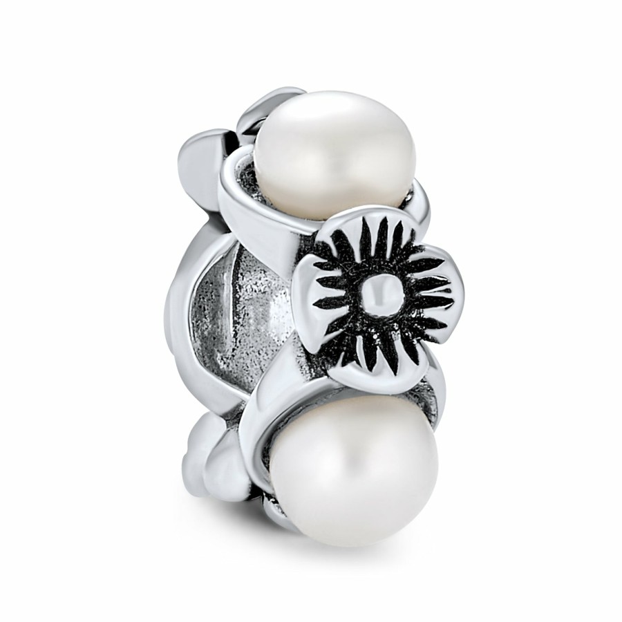 Shop Women Bling Jewelry Flower Beads | Flower White Simulated Pearl Dangle Spacer Bead Charm Sterling Silver