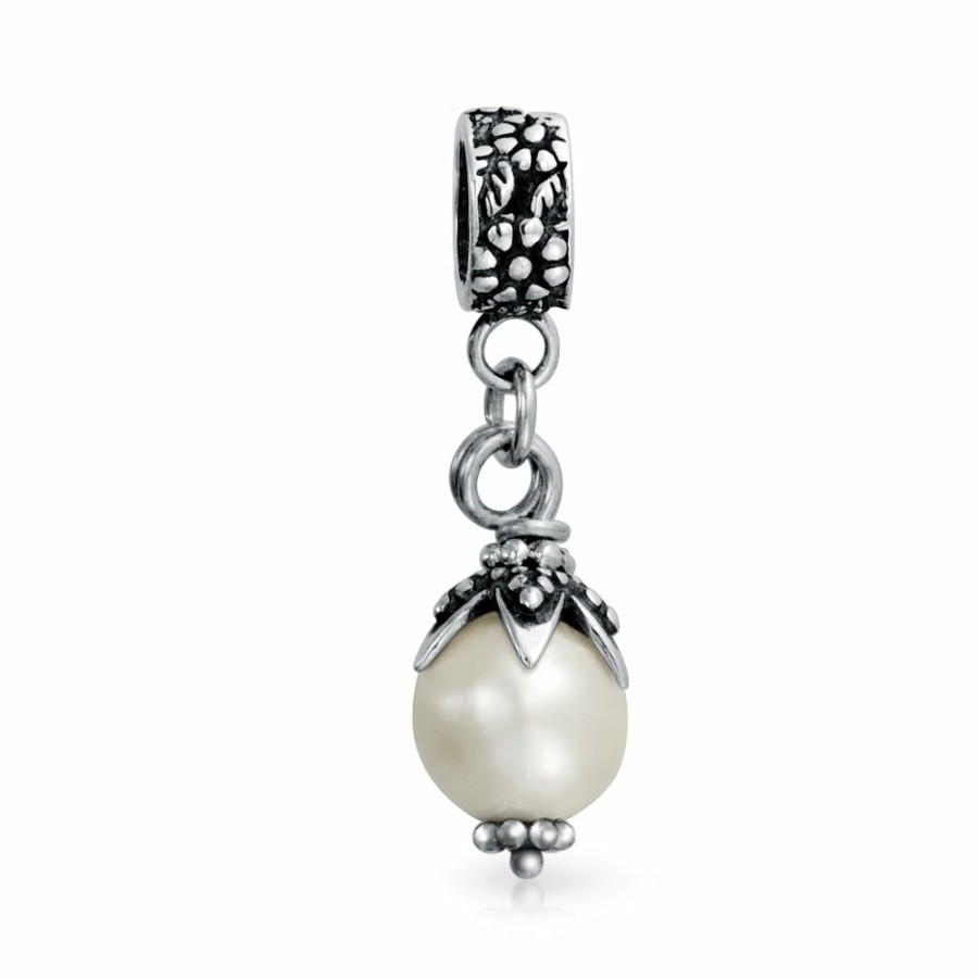 Shop Women Bling Jewelry Flower Beads | Flower White Simulated Pearl Dangle Spacer Bead Charm Sterling Silver